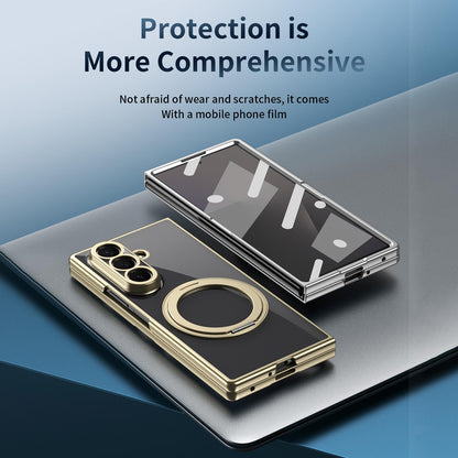 For Galaxy Z Fold5 Clear Plated Magnetic Ring Holder Integrated Film Phone Case - Gold - EDA009724104A