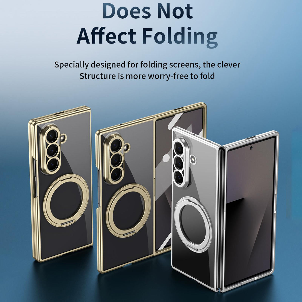 For Galaxy Z Fold5 Clear Plated Magnetic Ring Holder Integrated Film Phone Case - Gold - EDA009724104A