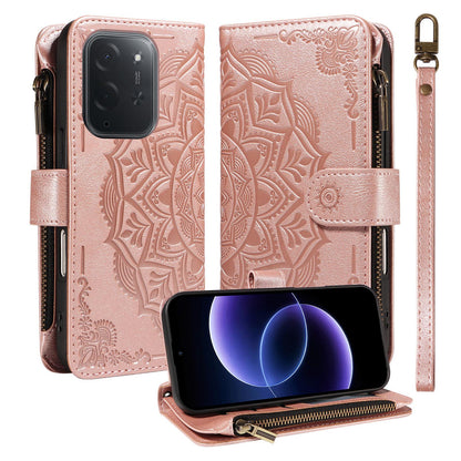 For Xiaomi Poco C95 Pro Mandala Embossed 9-Card Zipper RFID Vegan Leather Phone Case with Short Lanyard(Rose Gold)