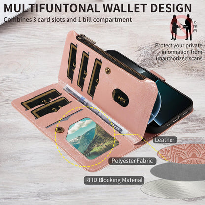 For Xiaomi Poco C95 Pro Mandala Embossed 9-Card Zipper RFID Vegan Leather Phone Case with Short Lanyard(Rose Gold)