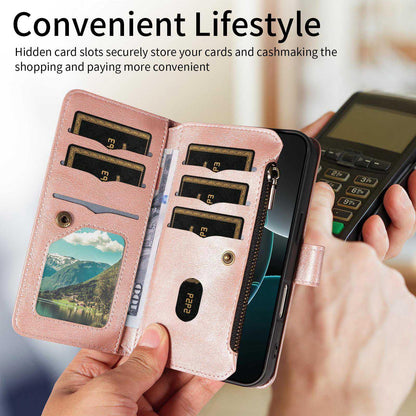 For Xiaomi Poco C95 Pro Mandala Embossed 9-Card Zipper RFID Vegan Leather Phone Case with Short Lanyard(Rose Gold)