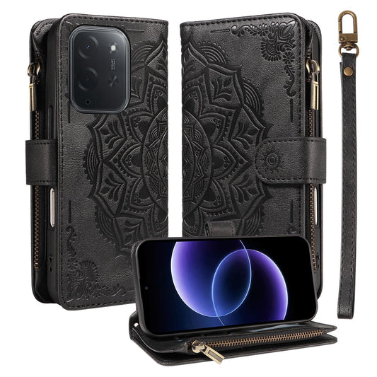 For Xiaomi Poco C95 Pro Mandala Embossed 9-Card Zipper RFID Vegan Leather Phone Case with Short Lanyard(Black)