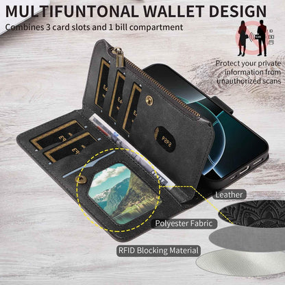 For Xiaomi Poco C95 Pro Mandala Embossed 9-Card Zipper RFID Vegan Leather Phone Case with Short Lanyard(Black)