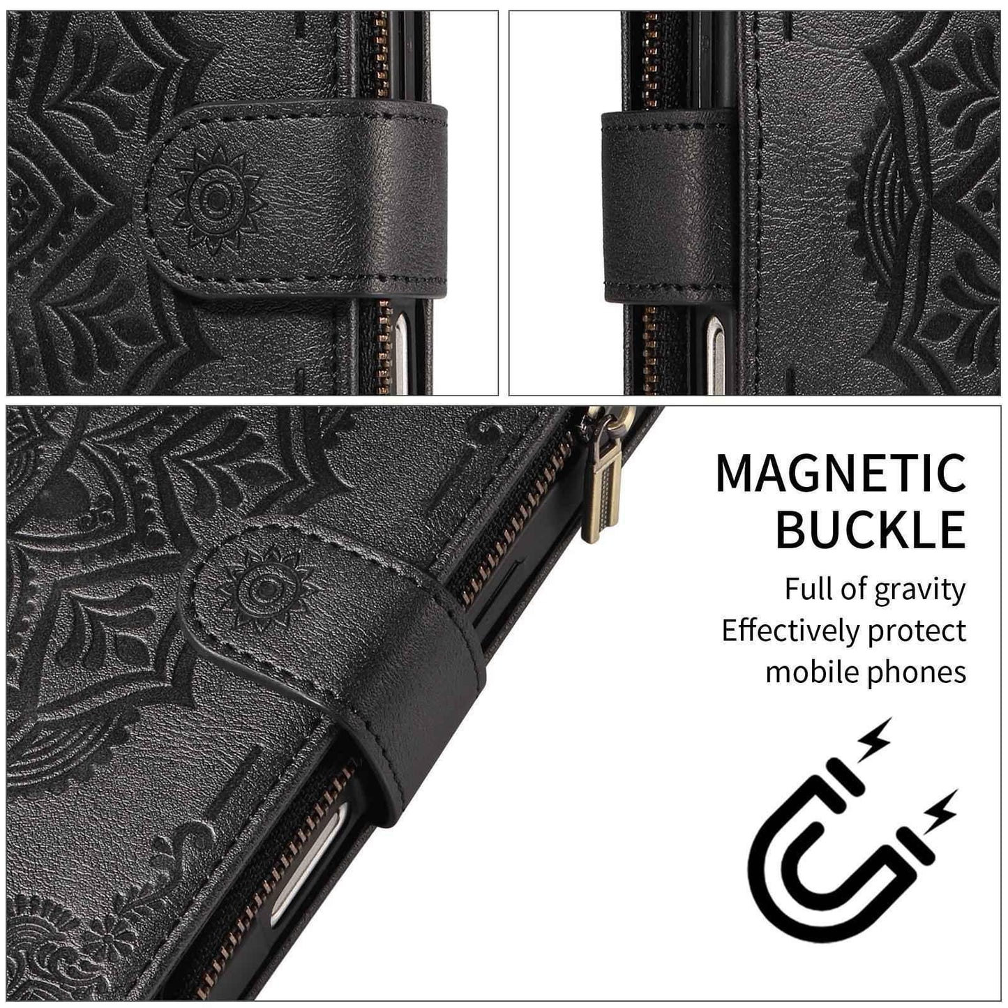 For Xiaomi Poco C95 Pro Mandala Embossed 9-Card Zipper RFID Vegan Leather Phone Case with Short Lanyard(Black)