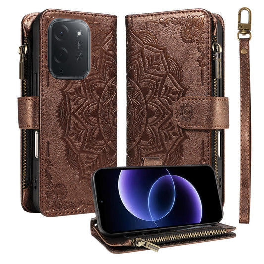 For Xiaomi Poco C95 Pro Mandala Embossed 9-Card Zipper RFID Vegan Leather Phone Case with Short Lanyard(Brown)