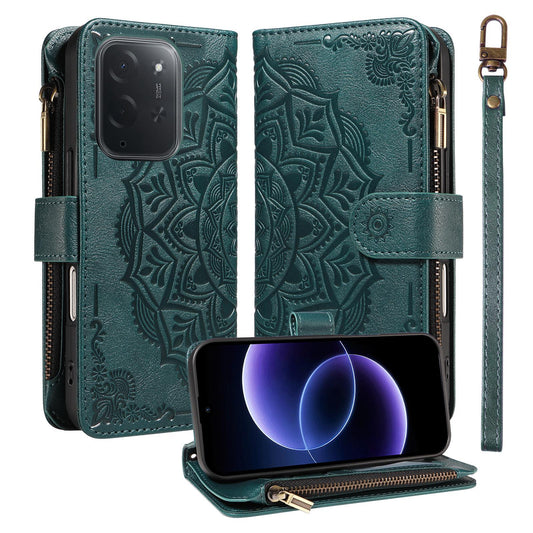 For Xiaomi Poco C95 Pro Mandala Embossed 9-Card Zipper RFID Vegan Leather Phone Case with Short Lanyard(Green)