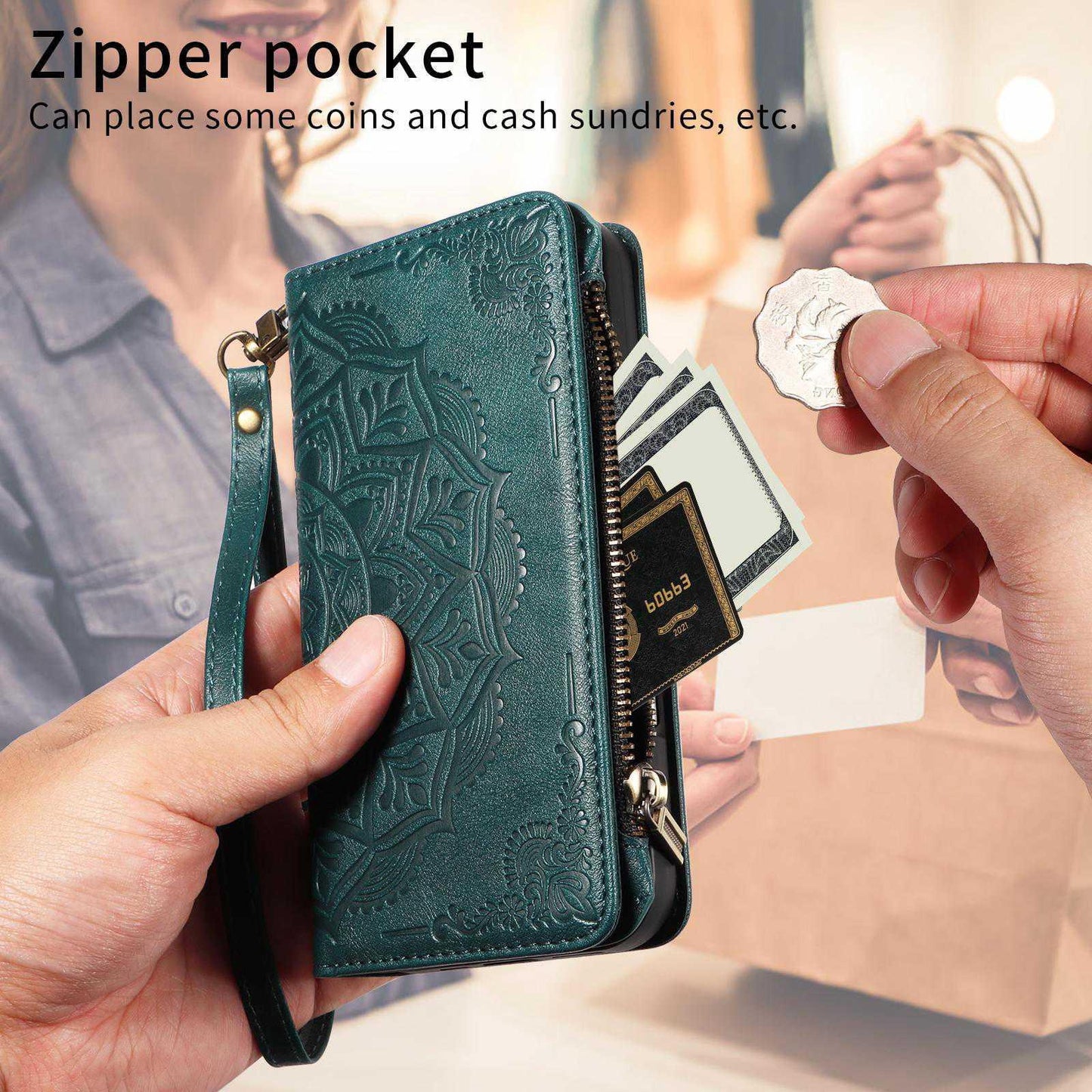 For Xiaomi Poco C95 Pro Mandala Embossed 9-Card Zipper RFID Vegan Leather Phone Case with Short Lanyard(Green)