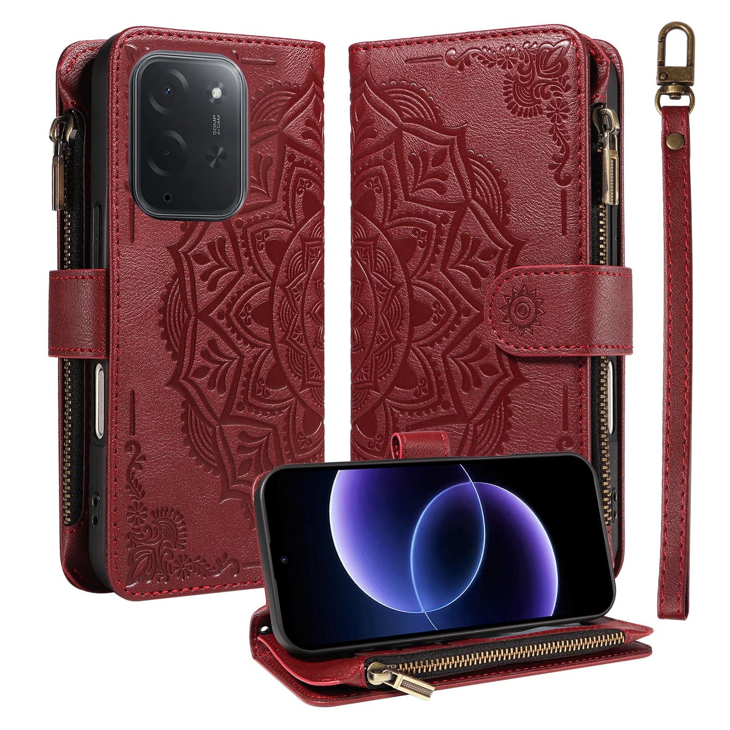 For Xiaomi Poco C95 Pro Mandala Embossed 9-Card Zipper RFID Vegan Leather Phone Case with Short Lanyard(Wine Red)