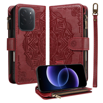 For Xiaomi Poco C95 Pro Mandala Embossed 9-Card Zipper RFID Vegan Leather Phone Case with Short Lanyard(Wine Red)