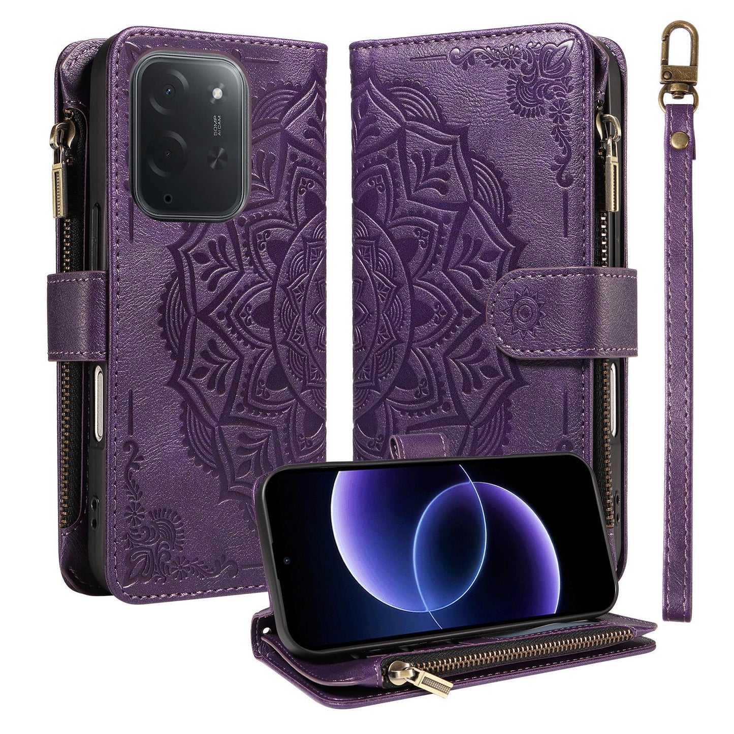 For Xiaomi Poco C95 Pro Mandala Embossed 9-Card Zipper RFID Vegan Leather Phone Case with Short Lanyard(Purple)