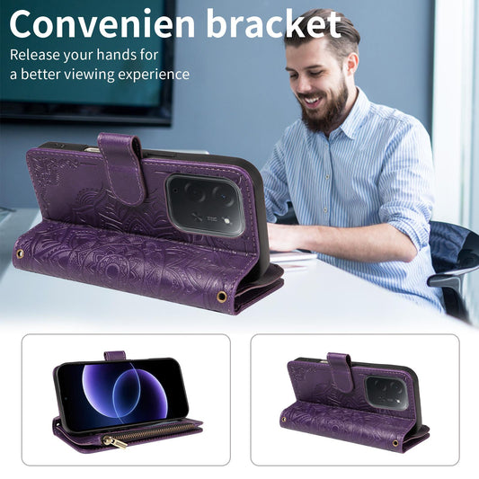 For Xiaomi Poco C95 Pro Mandala Embossed 9-Card Zipper RFID Vegan Leather Phone Case with Short Lanyard(Purple)