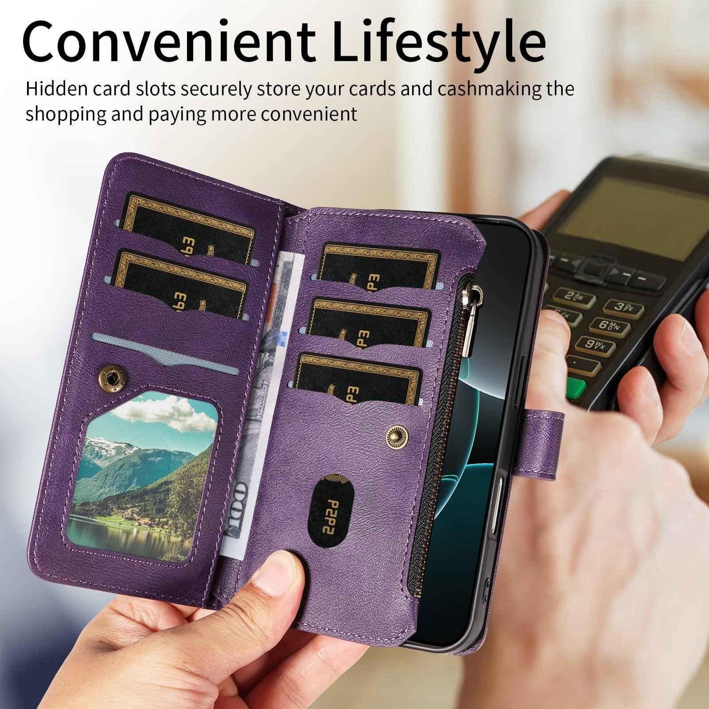 For Xiaomi Poco C95 Pro Mandala Embossed 9-Card Zipper RFID Vegan Leather Phone Case with Short Lanyard(Purple)