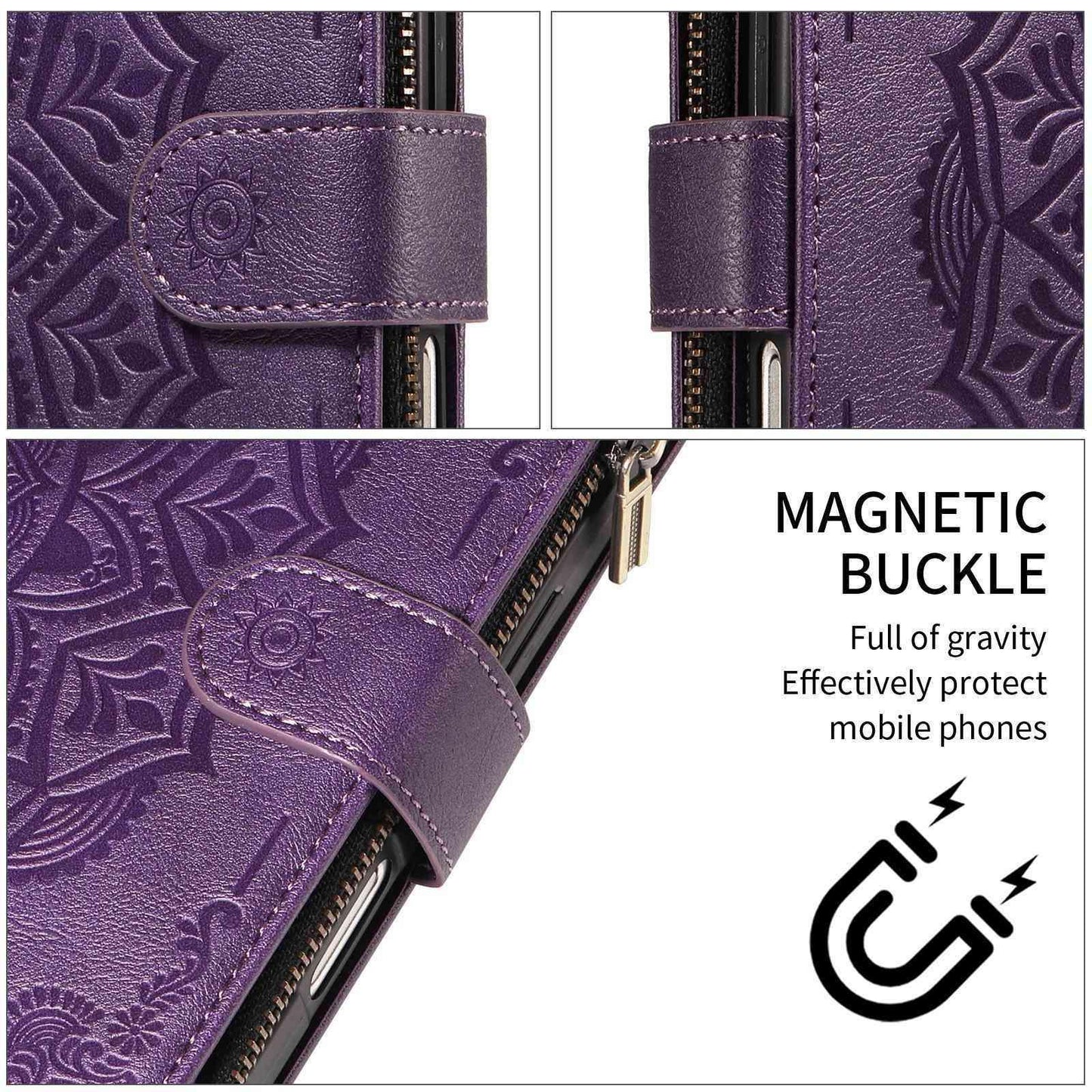 For Xiaomi Poco C95 Pro Mandala Embossed 9-Card Zipper RFID Vegan Leather Phone Case with Short Lanyard(Purple)