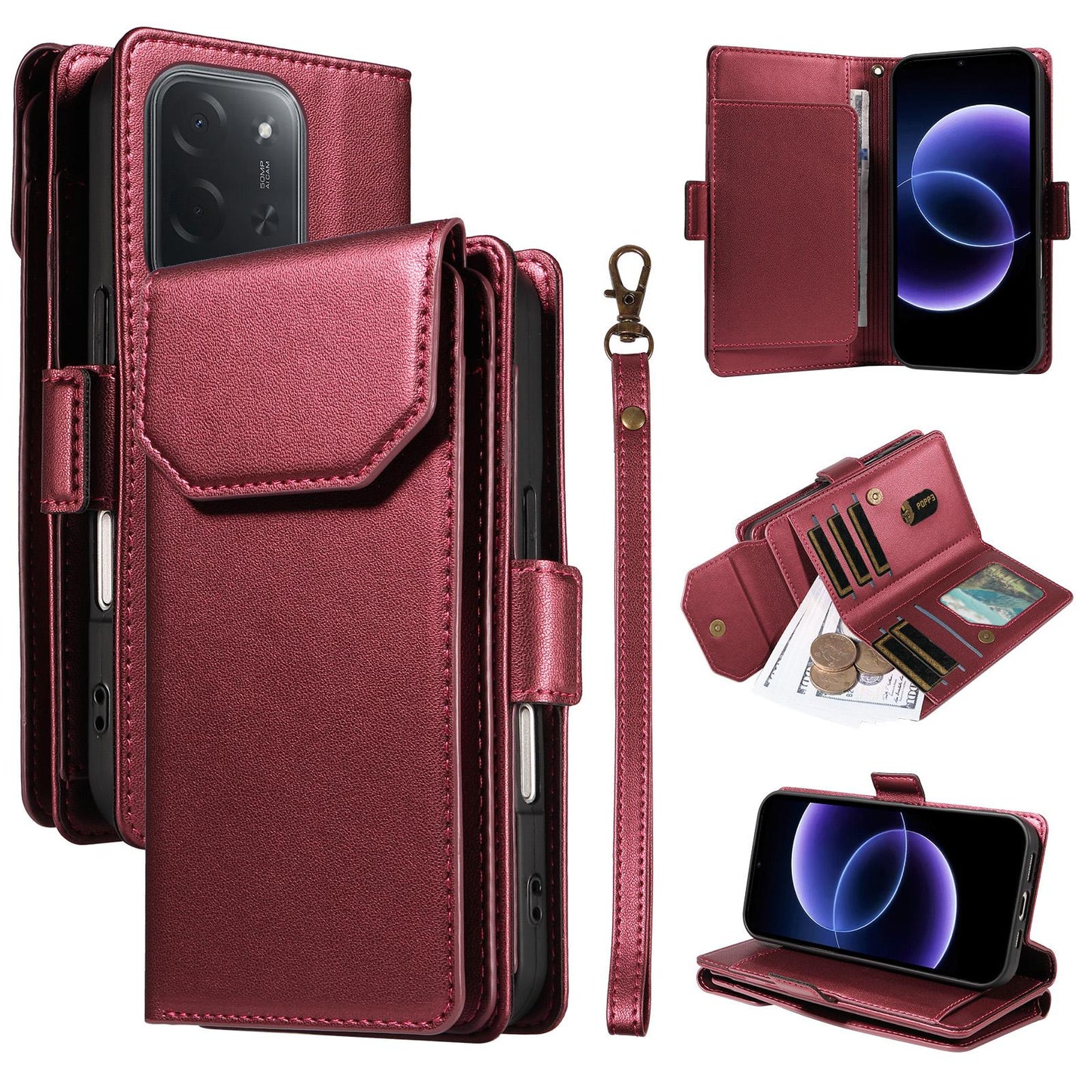 For Xiaomi Poco C95 Pro Multi Card Wallet Leather Phone Case with Strap(Red)