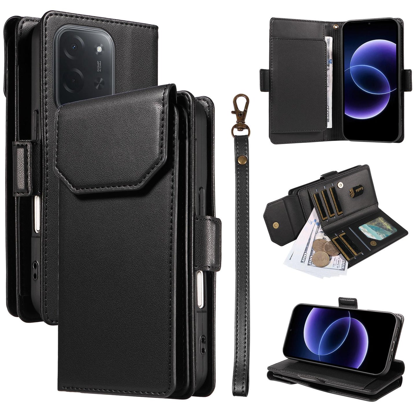 For Xiaomi Poco C95 Pro Multi Card Wallet Leather Phone Case with Strap(Black)