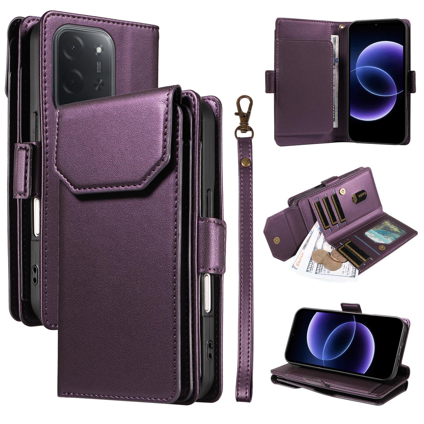 For Xiaomi Poco C95 Pro Multi Card Wallet Leather Phone Case with Strap(Purple)