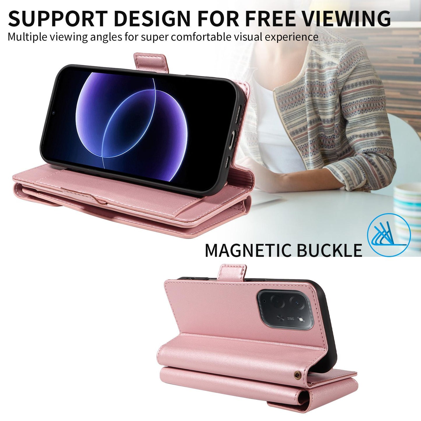 For Xiaomi Poco C95 Pro Multi Card Wallet Leather Phone Case with Strap(Rose Gold)