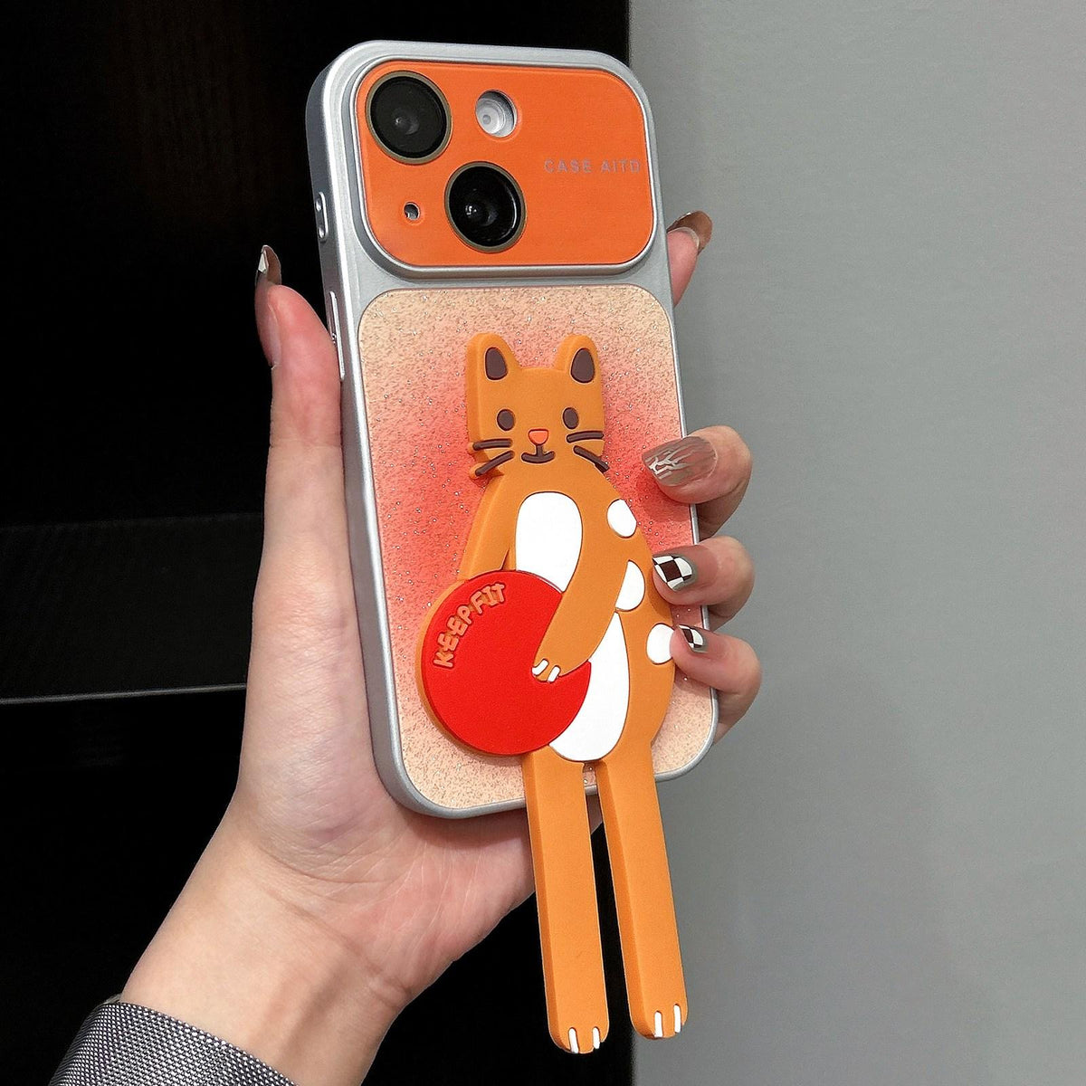 For iPhone 15 Gradient Sparkly Glitter Animal Holder Phone Case - Orange - EDA009732807B