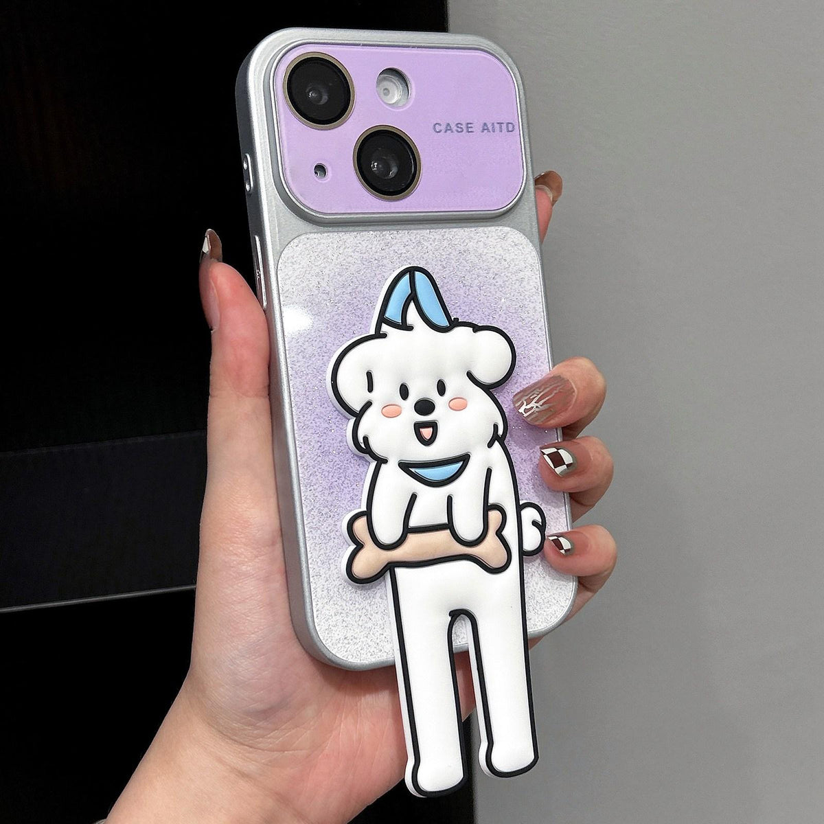 For iPhone 15 Gradient Sparkly Glitter Animal Holder Phone Case - Purple - EDA009732807D