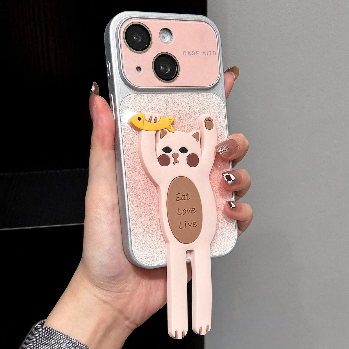 For iPhone 15 Gradient Sparkly Glitter Animal Holder Phone Case - Pink - EDA009732807F