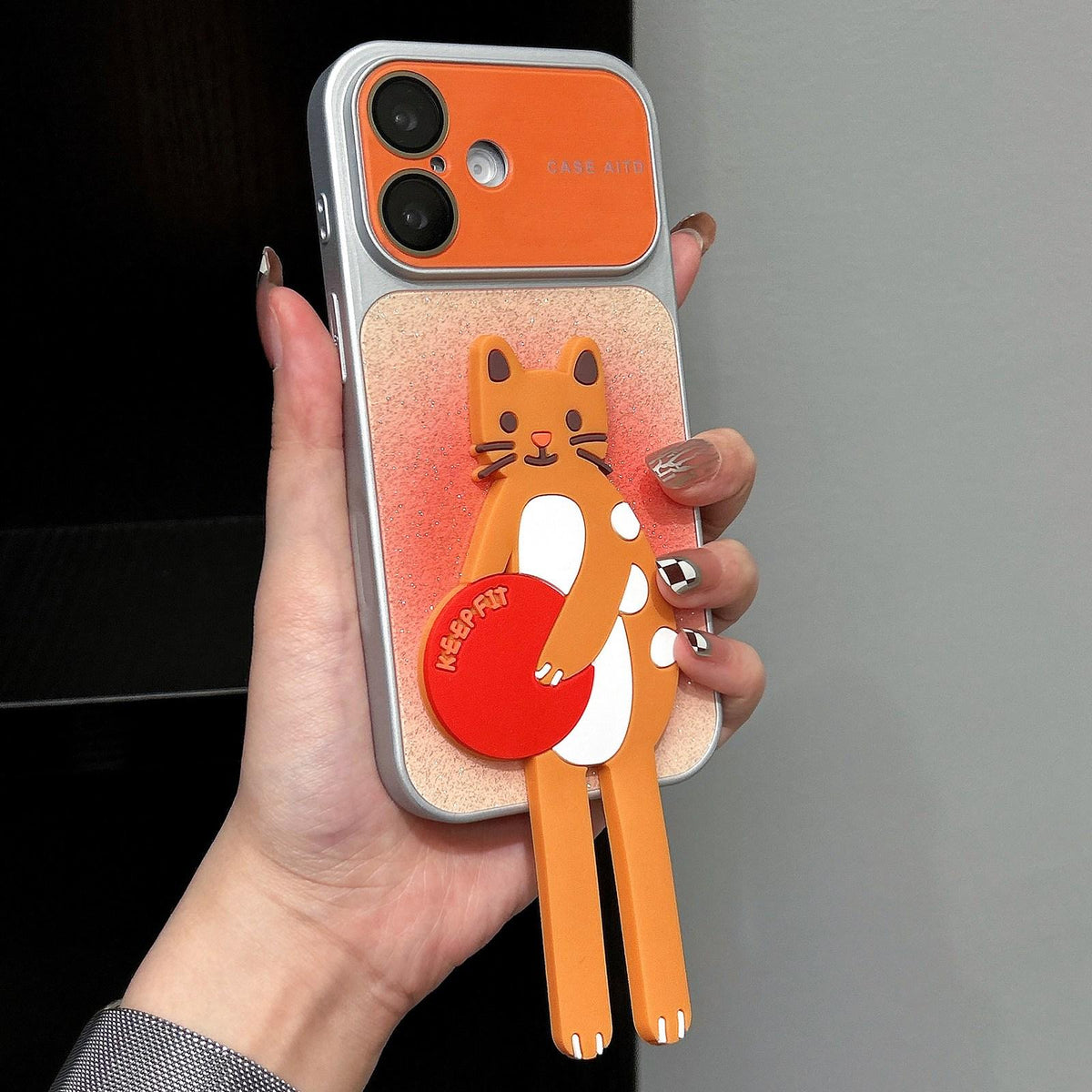 For iPhone 16 Gradient Sparkly Glitter Animal Holder Phone Case - Orange - EDA009732810B