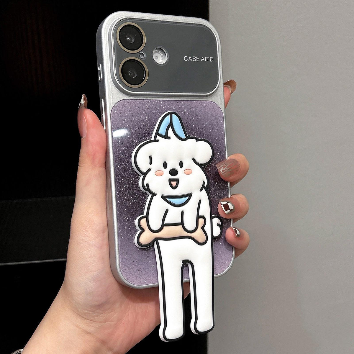 For iPhone 16 Gradient Sparkly Glitter Animal Holder Phone Case - Black - EDA009732810E