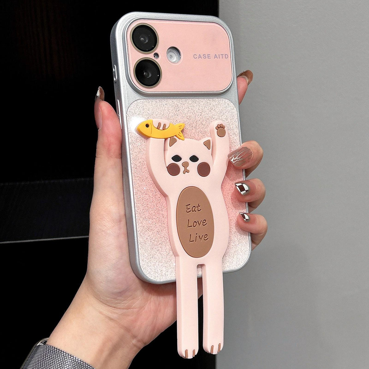 For iPhone 16 Gradient Sparkly Glitter Animal Holder Phone Case - Pink - EDA009732810F