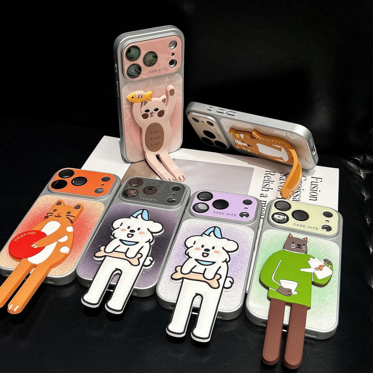 For iPhone 15 Pro Gradient Sparkly Glitter Animal Holder Phone Case - Orange - EDA009732808B