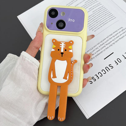 For iPhone 13 Color Block Animal Holder Phone Case - White Yellow - EDA009733001B