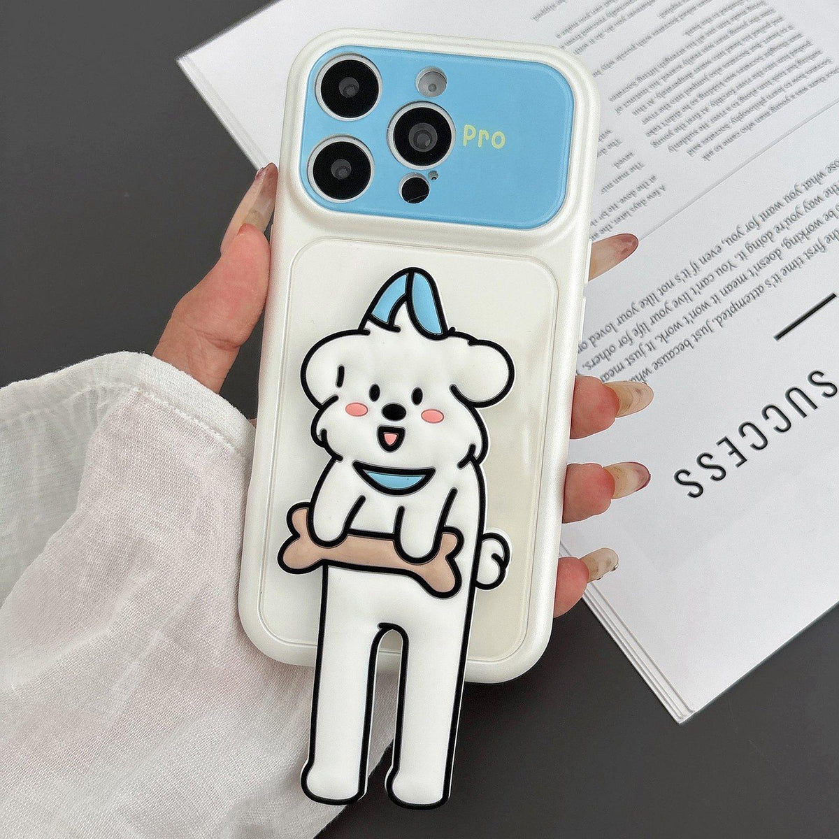 For iPhone 13 Pro Color Block Animal Holder Phone Case - White - EDA009733002A