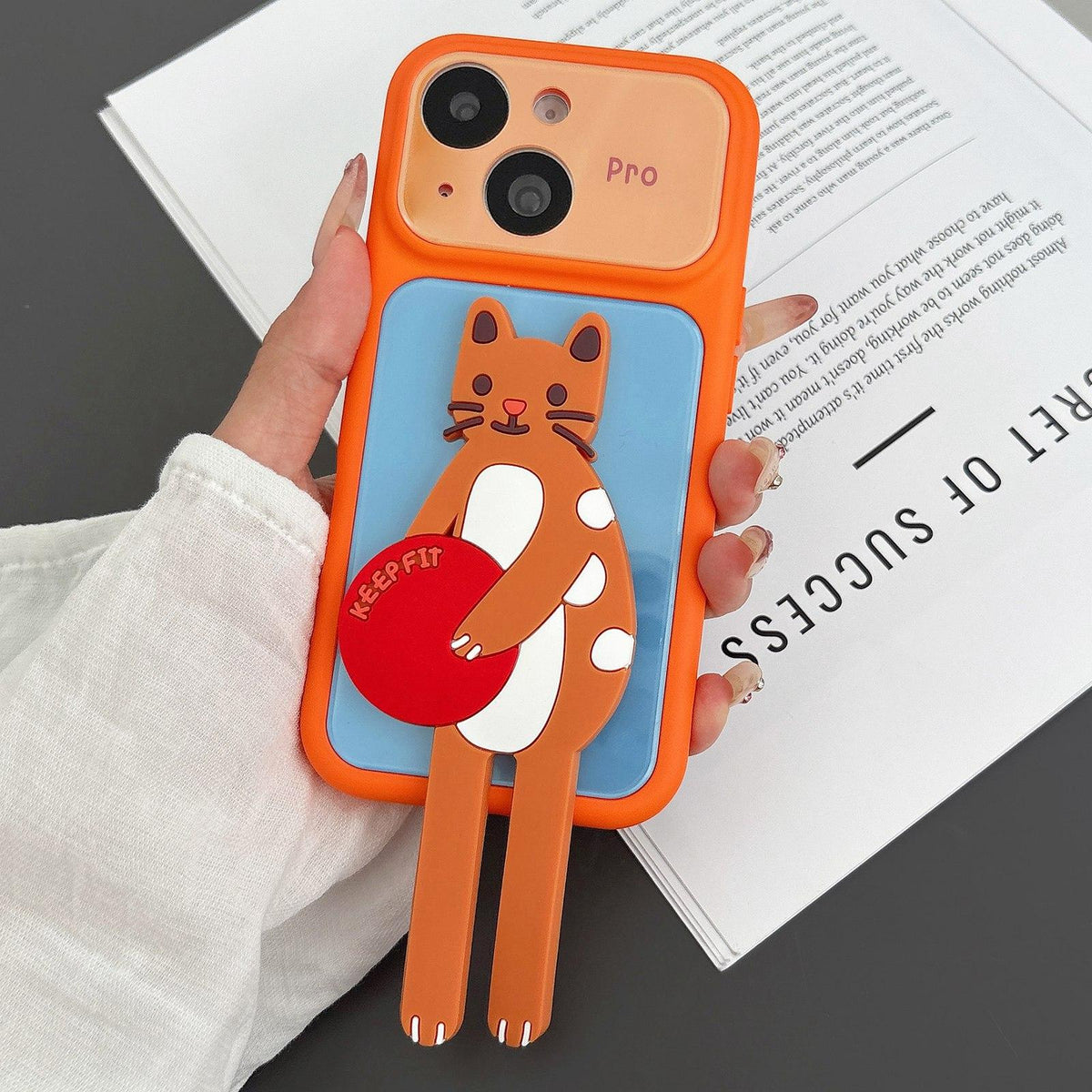 For iPhone 14 Color Block Animal Holder Phone Case - Blue Orange - EDA009733004D