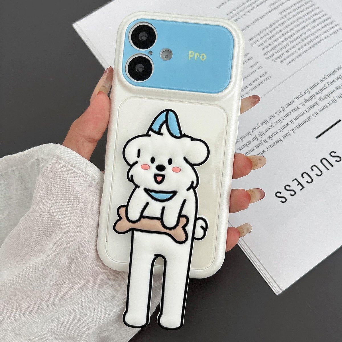 For iPhone 16 Color Block Animal Holder Phone Case - White - EDA009733010A