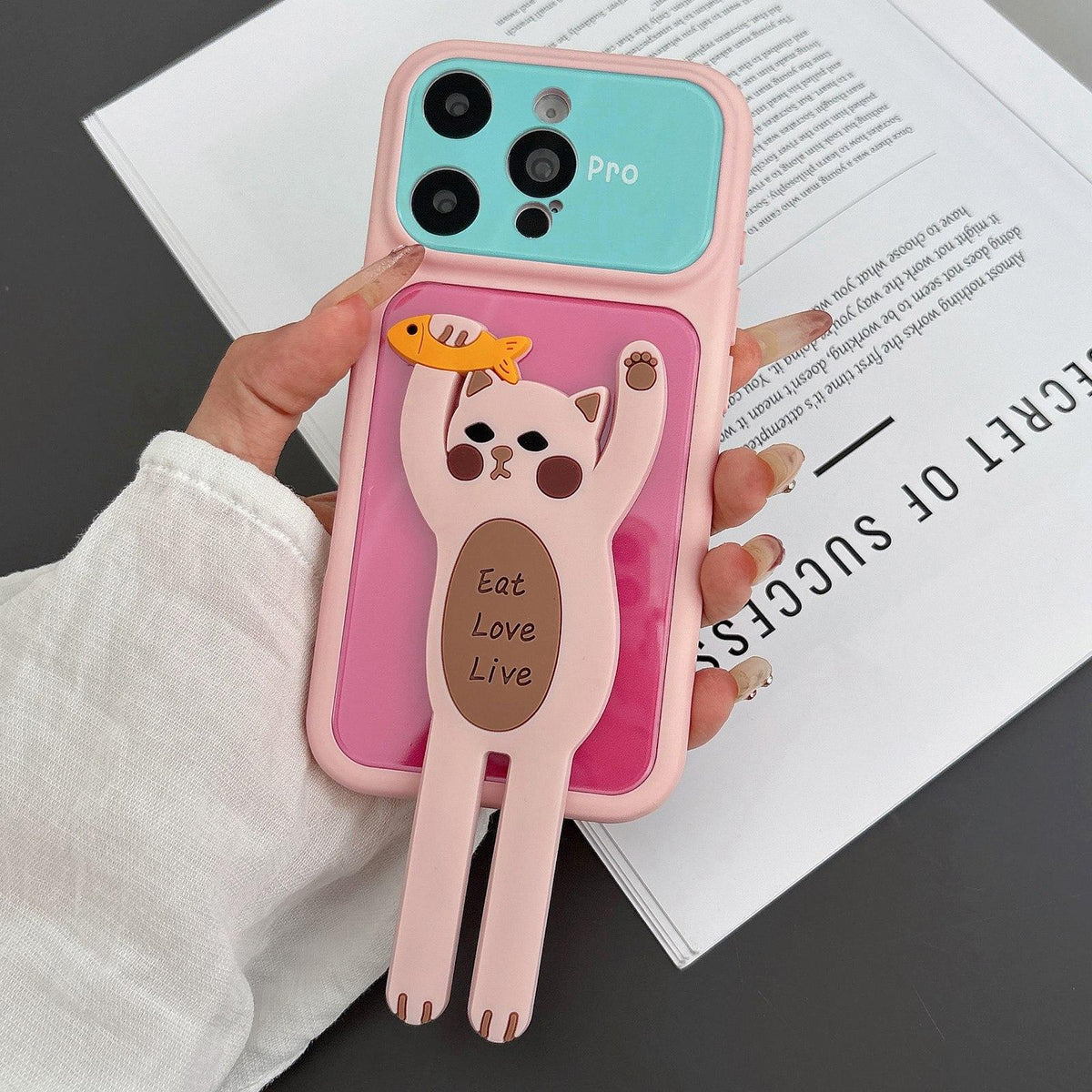 For iPhone 16 Pro Color Block Animal Holder Phone Case - Rose Red Pink - EDA009733011C