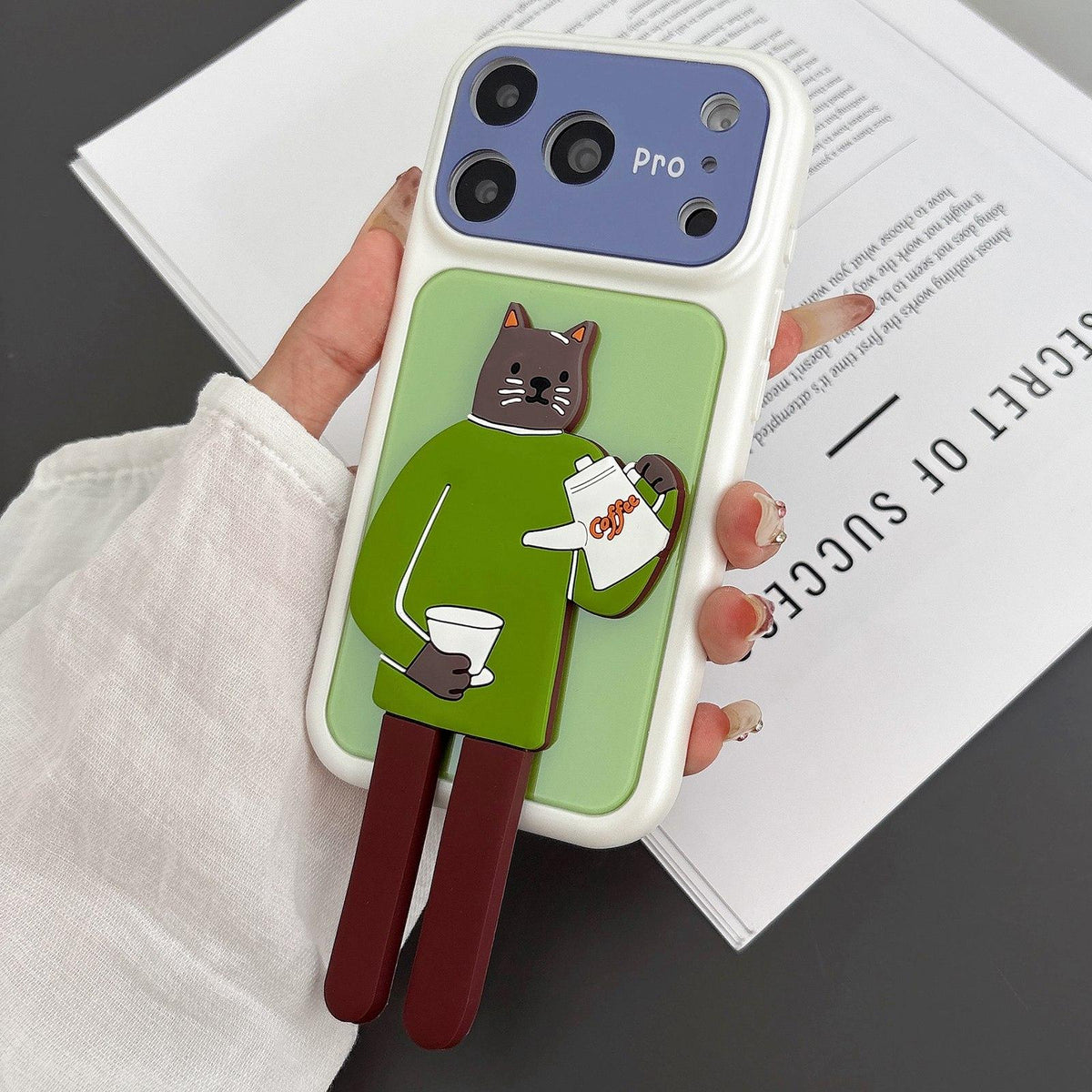 For iPhone 17 Pro Color Block Animal Holder Phone Case - Green White - EDA009733014F