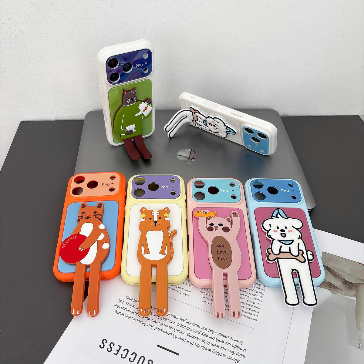 For iPhone 14 Color Block Animal Holder Phone Case - White - EDA009733004A