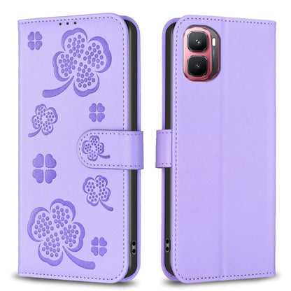 For Infinix GT 50 Pro 5G Four-leaf Embossed Leather Phone Case - Purple - EDA009733201D
