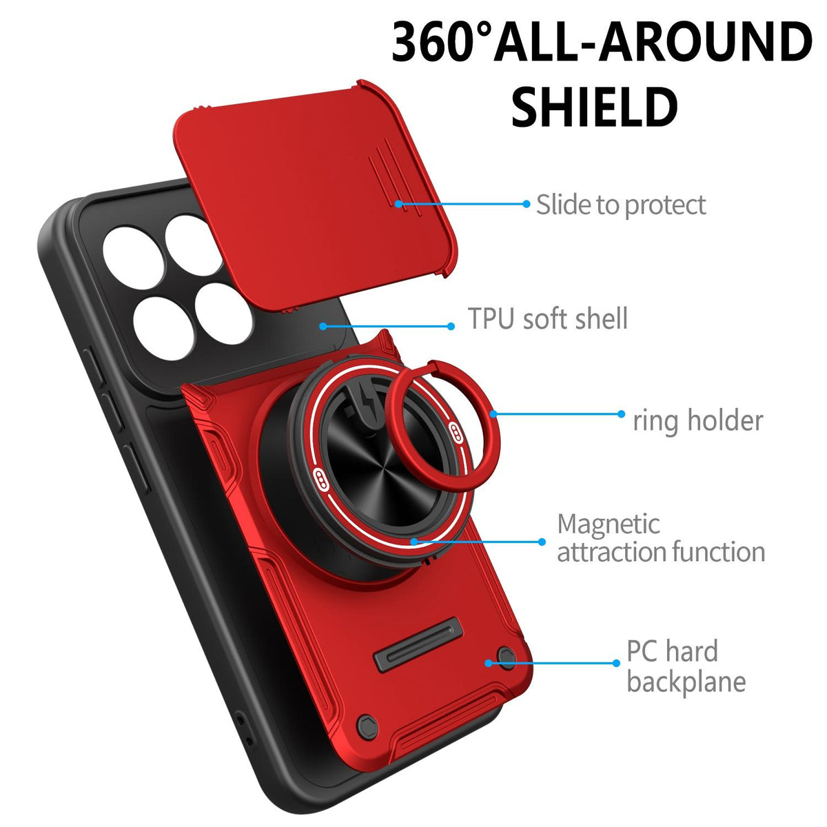 For Xiaomi 15T 5G Multifunctional Sliding Camshield Ring Holder Phone Case - Red - EDA009734101D