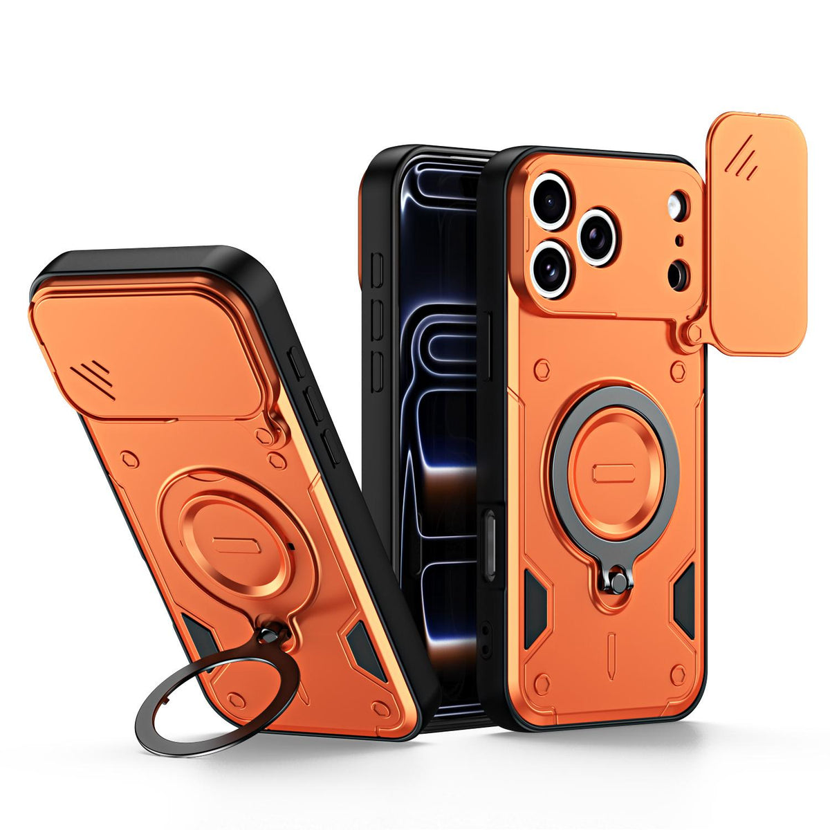 For iPhone 17 Pro Max Ring Holder Lens Slide Cover Phone Case - Orange - EDA009734301A