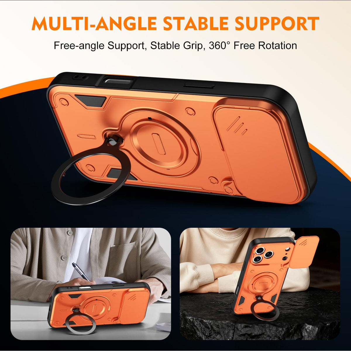 For iPhone 17 Pro Max Ring Holder Lens Slide Cover Phone Case - Orange - EDA009734301A