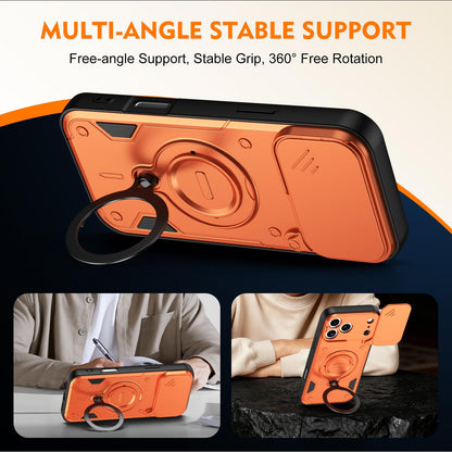 For iPhone 17 Pro Max Ring Holder Lens Slide Cover Phone Case - Orange - EDA009734301A