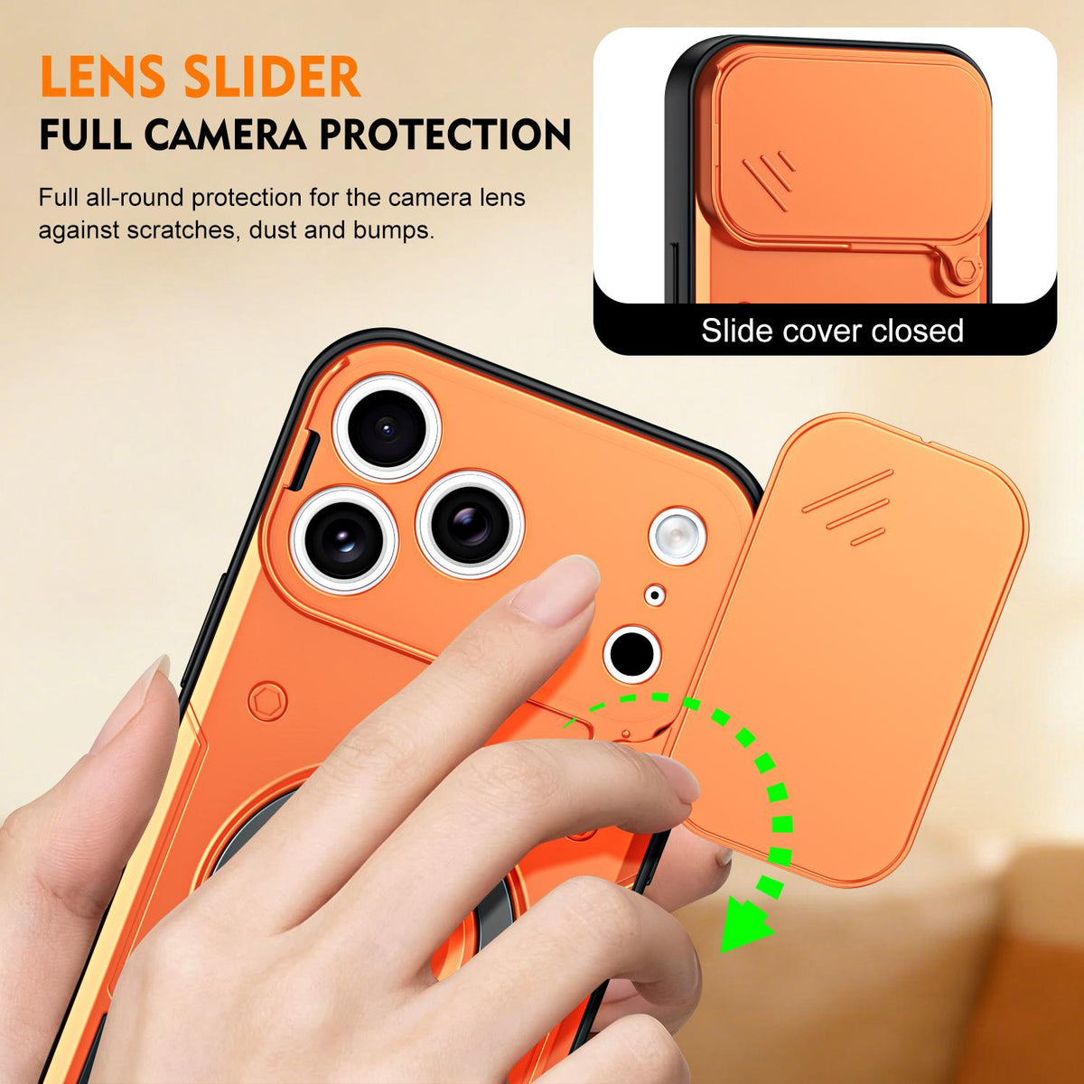 For iPhone 17 Pro Max Ring Holder Lens Slide Cover Phone Case - Orange - EDA009734301A