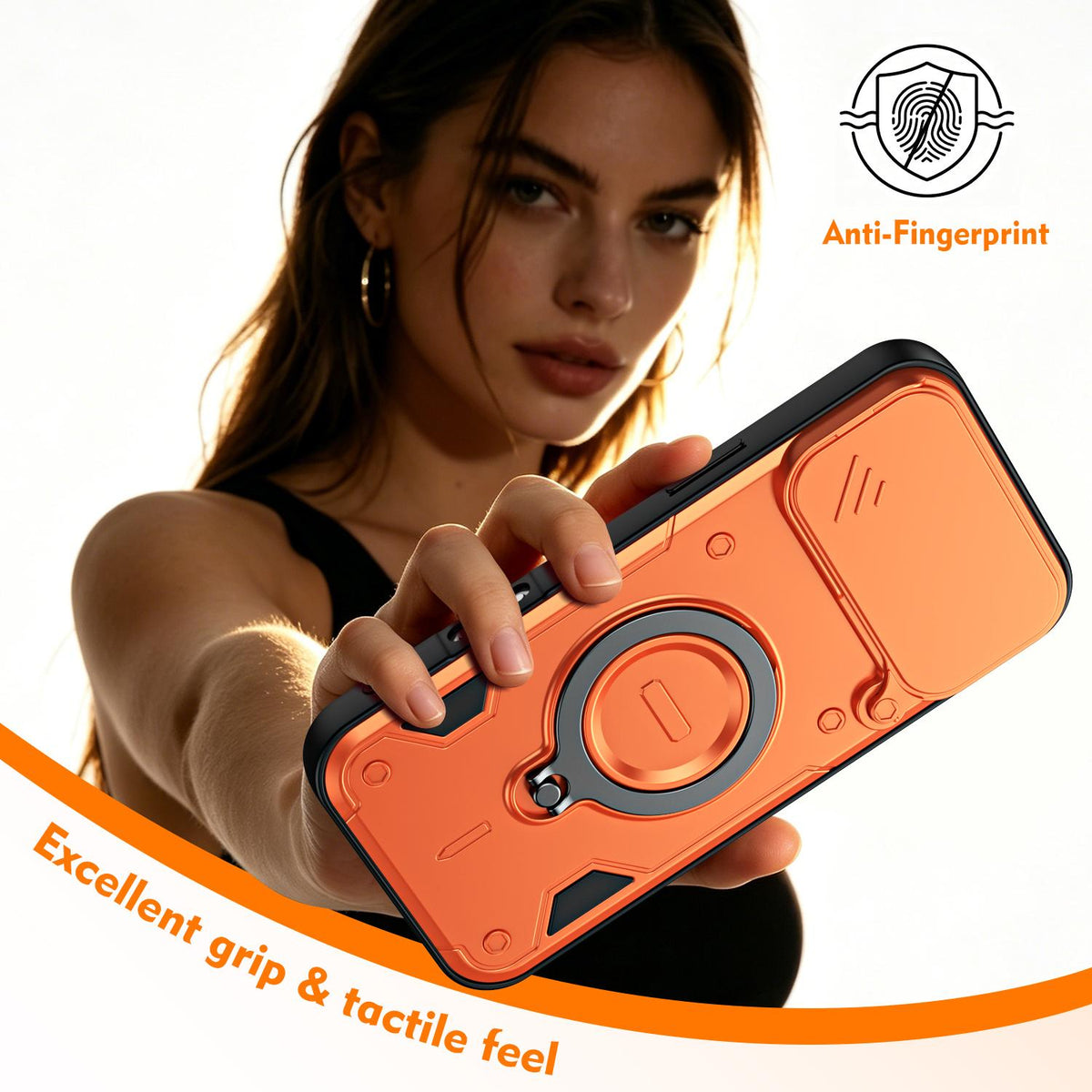 For iPhone 17 Pro Max Ring Holder Lens Slide Cover Phone Case - Orange - EDA009734301A