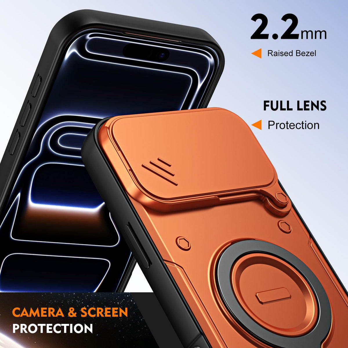 For iPhone 17 Pro Max Ring Holder Lens Slide Cover Phone Case - Orange - EDA009734301A