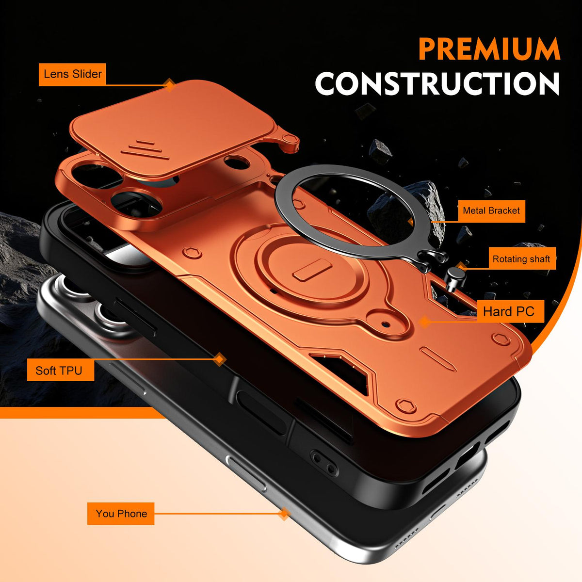 For iPhone 17 Pro Max Ring Holder Lens Slide Cover Phone Case - Orange - EDA009734301A