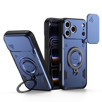For iPhone 17 Pro Max Ring Holder Lens Slide Cover Phone Case - Blue - EDA009734301B