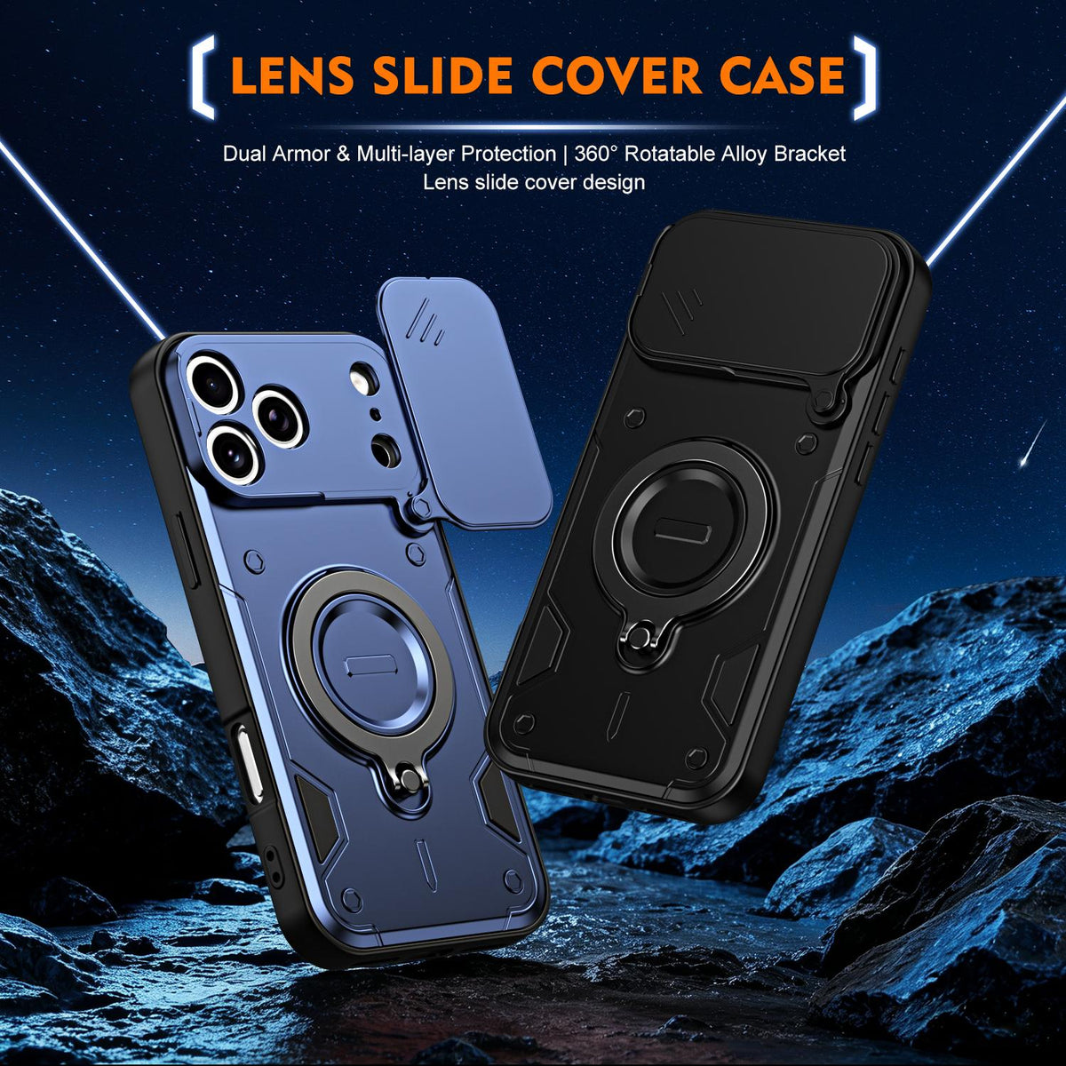 For iPhone 17 Pro Max Ring Holder Lens Slide Cover Phone Case - Blue - EDA009734301B