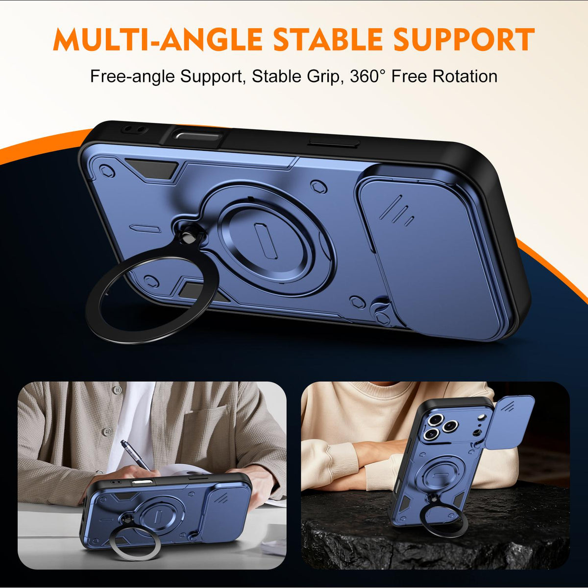 For iPhone 17 Pro Max Ring Holder Lens Slide Cover Phone Case - Blue - EDA009734301B