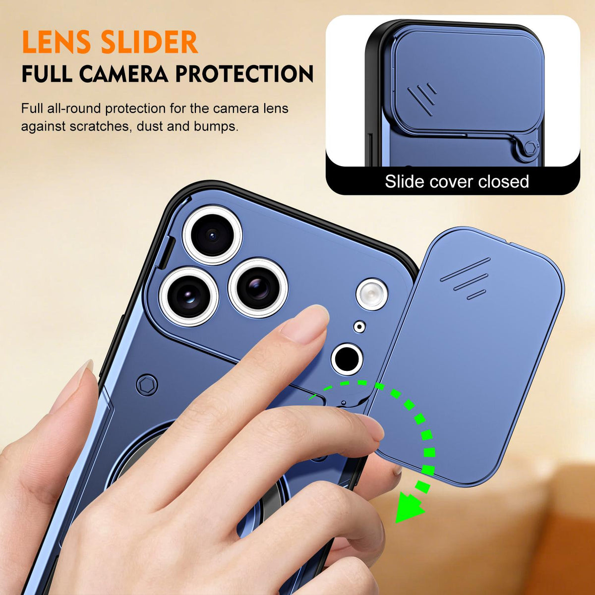 For iPhone 17 Pro Max Ring Holder Lens Slide Cover Phone Case - Blue - EDA009734301B