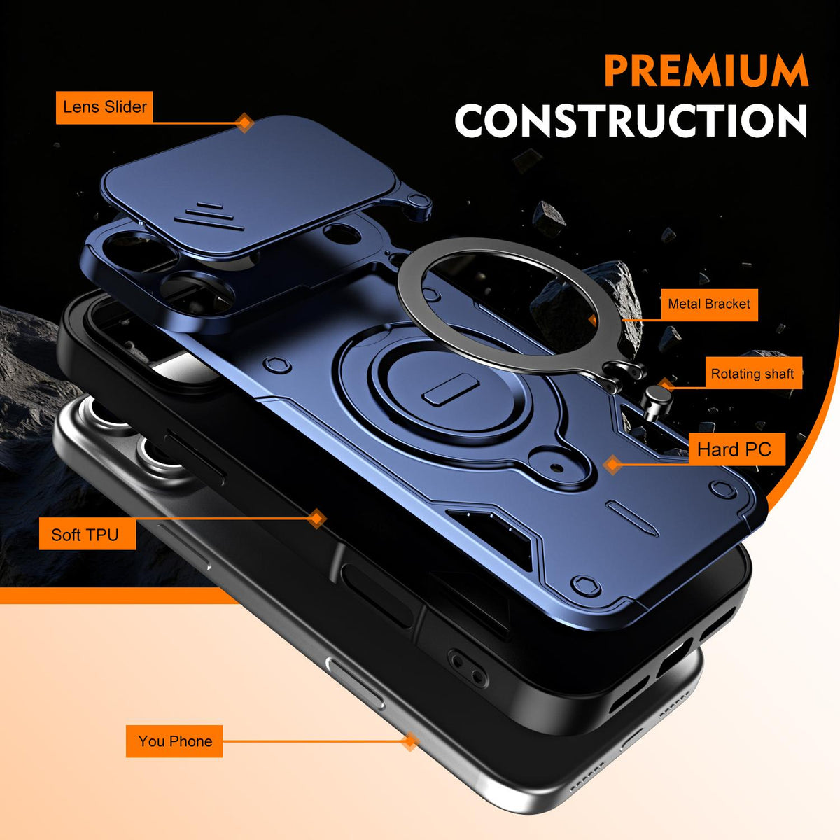 For iPhone 17 Pro Max Ring Holder Lens Slide Cover Phone Case - Blue - EDA009734301B