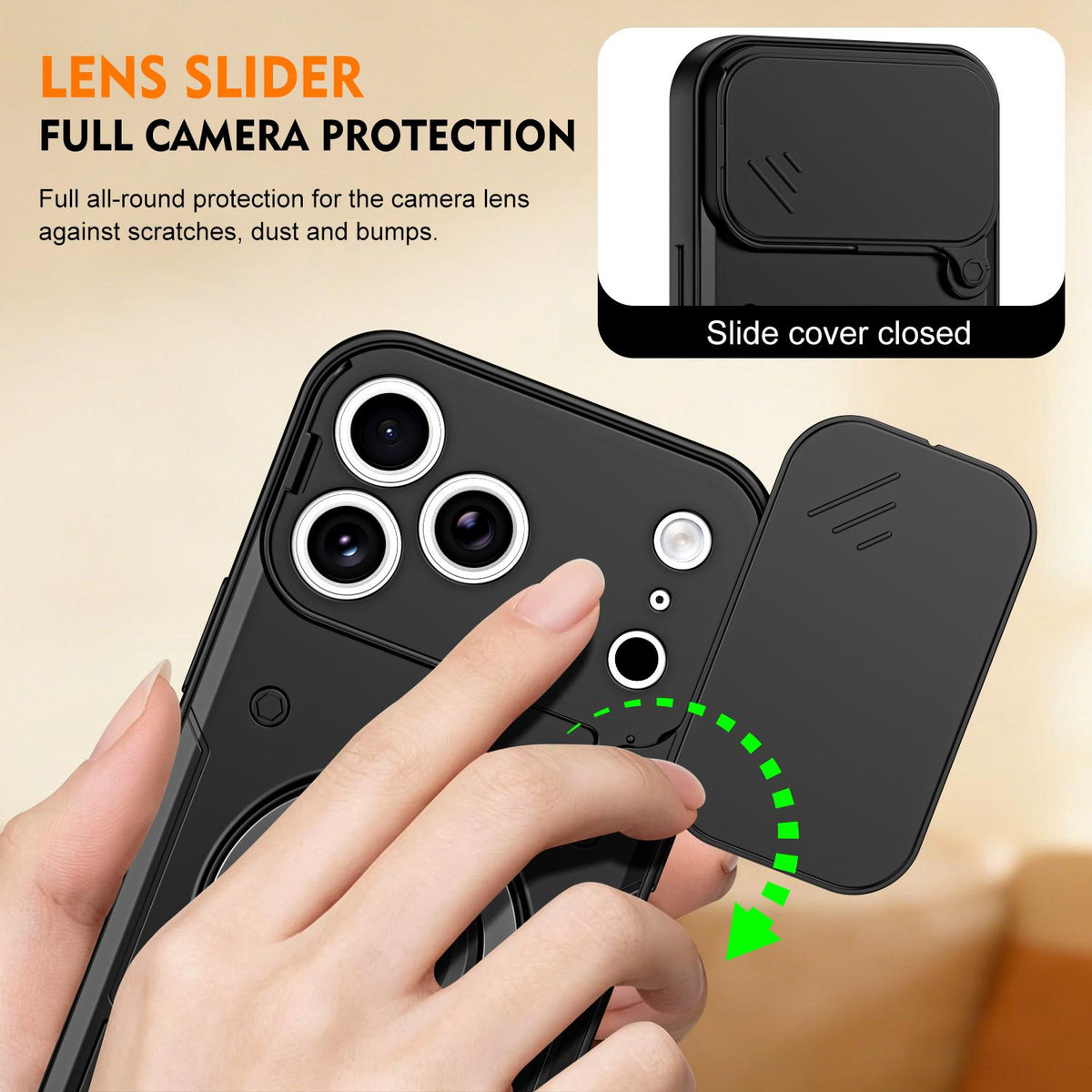 For iPhone 17 Pro Max Ring Holder Lens Slide Cover Phone Case - Black - EDA009734301C